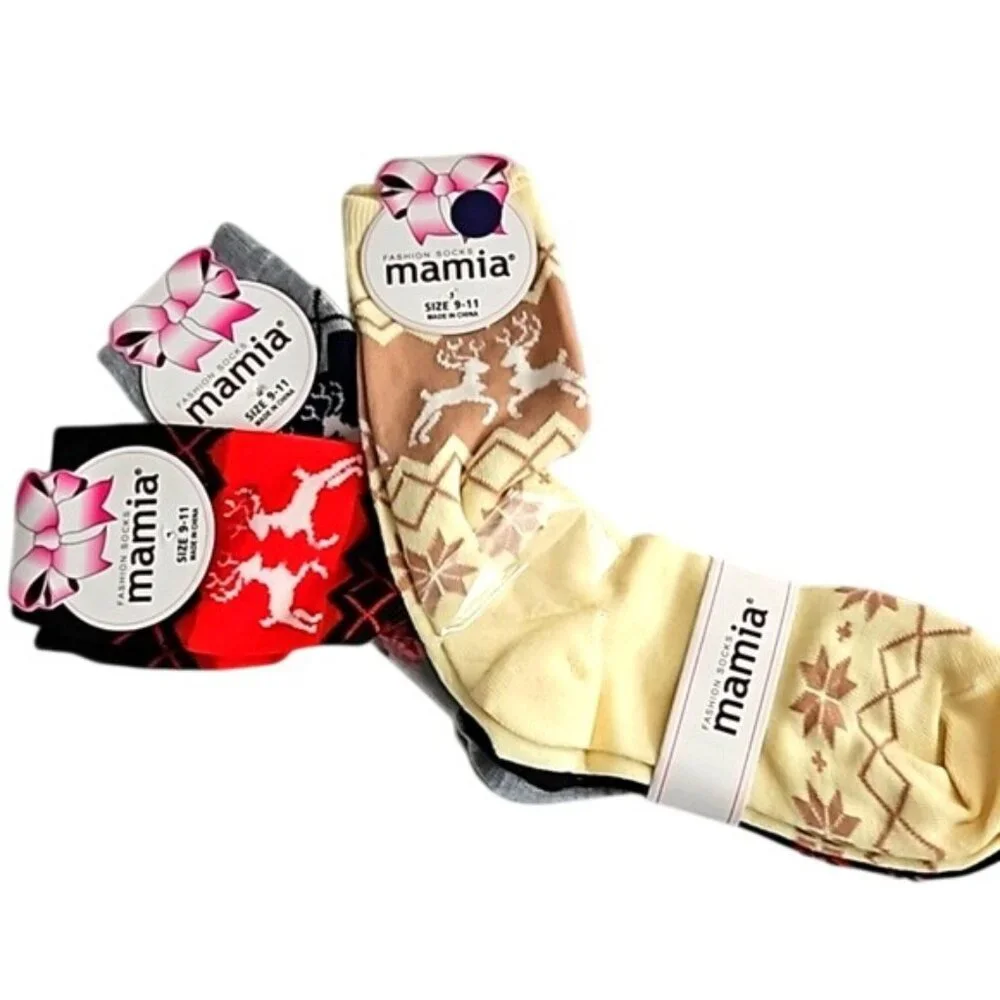 Mamia 3 Pack Christmas Holiday Reindeer Print Socks New Size 9-11 Women's